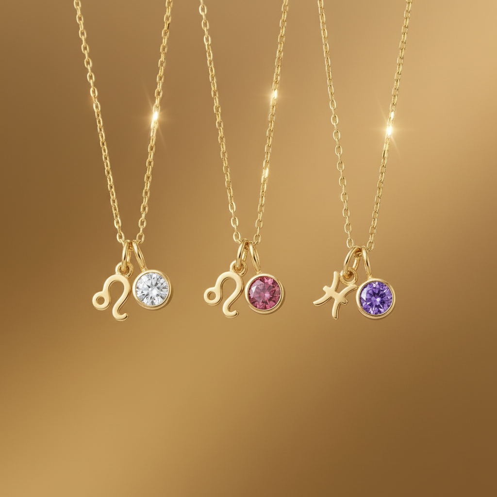 Zirconia Birthstone and Zodiac Stainless Steel Necklace