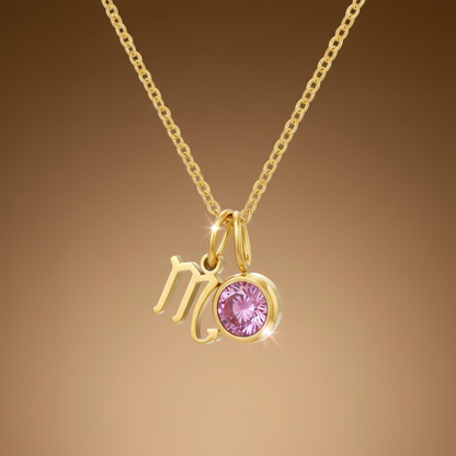 Zirconia Birthstone and Zodiac Stainless Steel Necklace