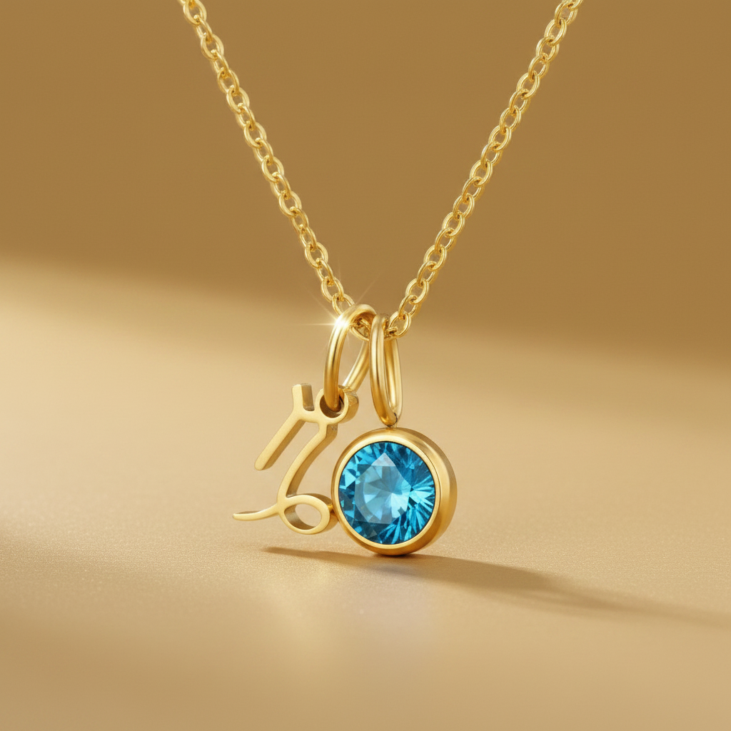 Zirconia Birthstone and Zodiac Stainless Steel Necklace