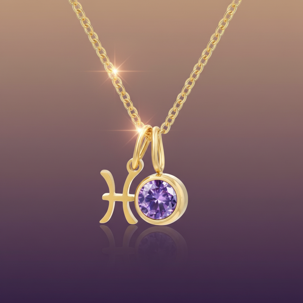 Zirconia Birthstone and Zodiac Stainless Steel Necklace