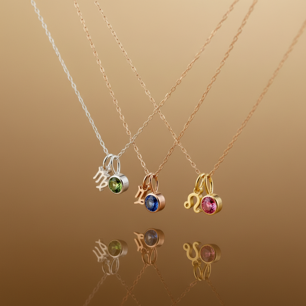 Zirconia Birthstone and Zodiac Stainless Steel Necklace