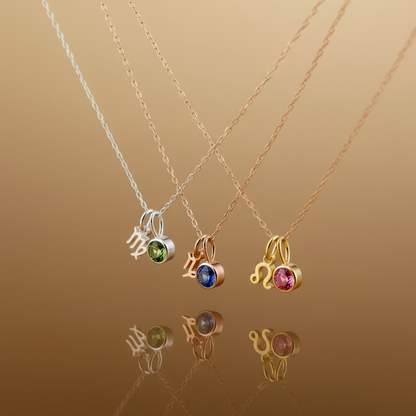 Zirconia Birthstone and Zodiac Stainless Steel Necklace