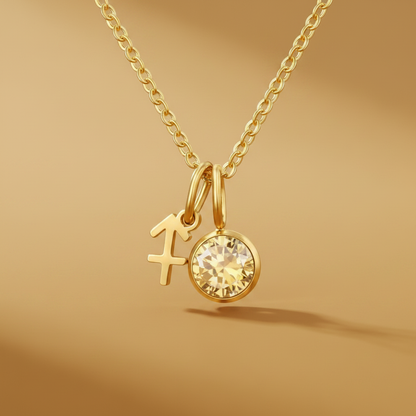 Zirconia Birthstone and Zodiac Stainless Steel Necklace